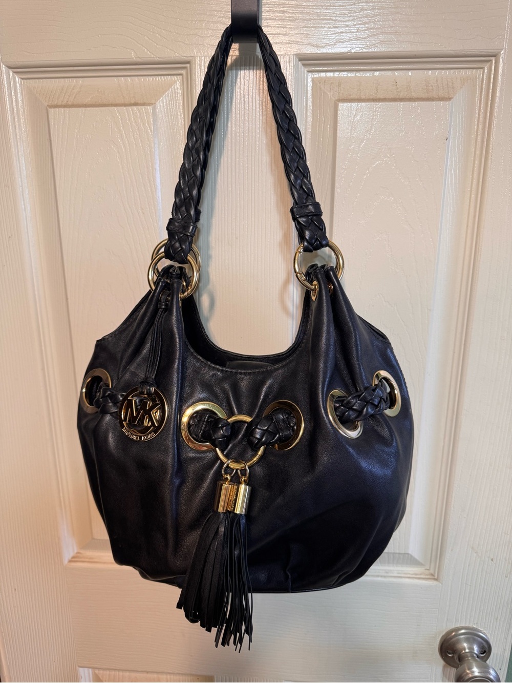 Michael Kors Astor Black Leather Shoulder Bag with Braided Handles and Tassels